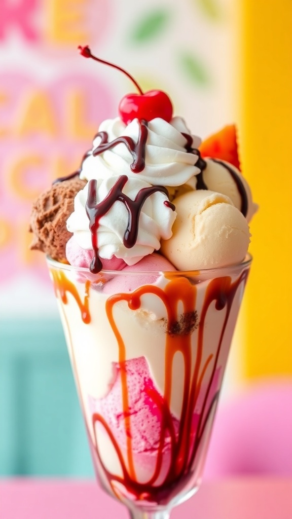 A tall glass dish filled with a 6-scoop ice cream sundae topped with whipped cream, a cherry, and chocolate sauce.